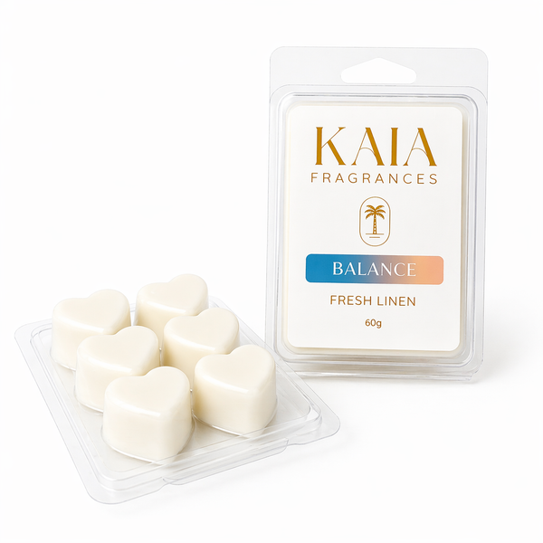 KAIA Fragrances Balance Fresh Linen wax melts packaging on a white background