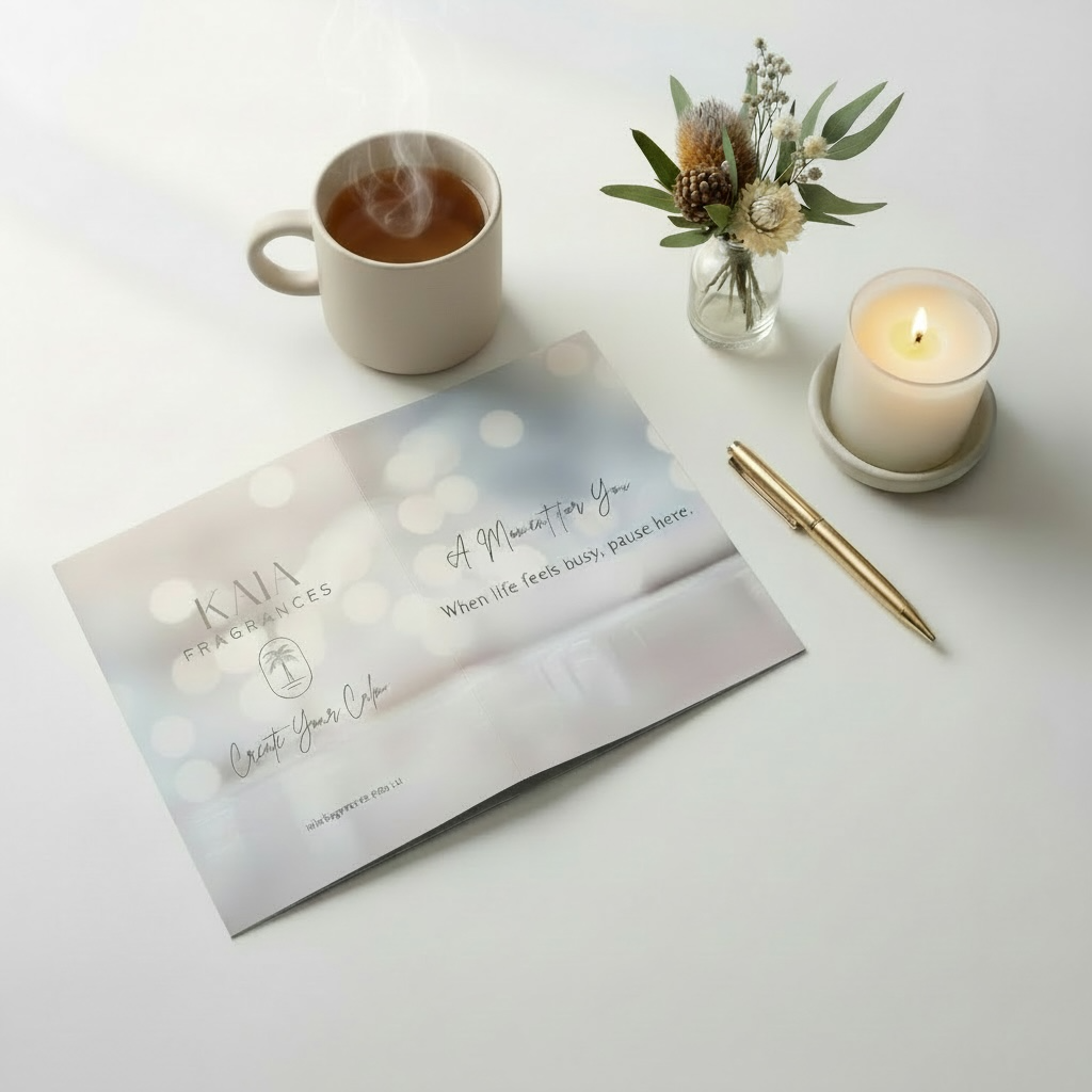 Cup of coffee, candle, pen, and card on a white surface