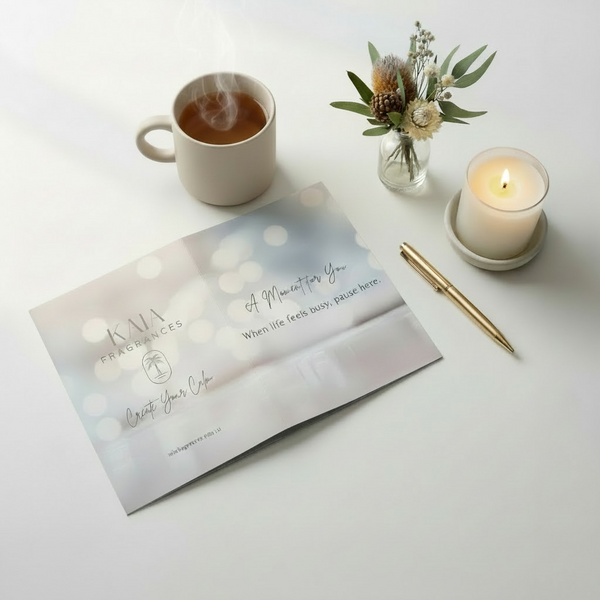Cup of coffee, candle, pen, and card on a white surface
