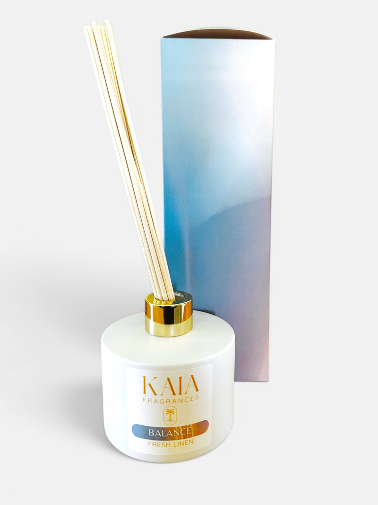 White diffuser bottle with gold cap and 'KAIA' branding on a white background