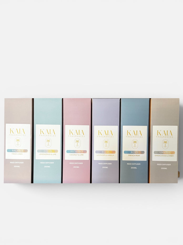 Set of KAIA Reed Diffusers in State Collection  in various colours on a white background