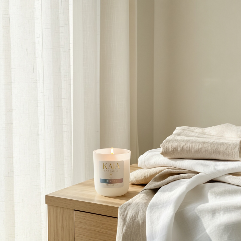 KAIA Balance Candle on a wooden surface with folded towels in the background