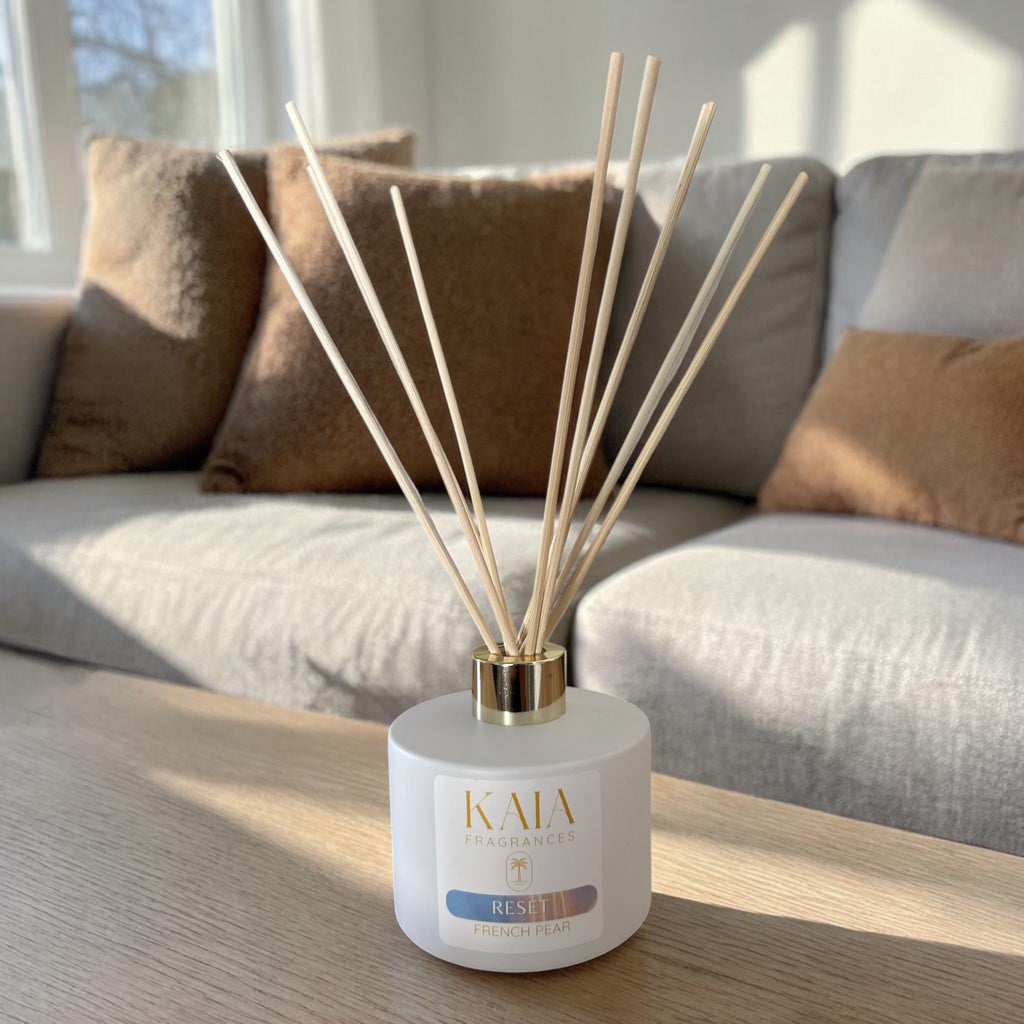 KAIA Reset Diffuser with reeds on a table in a living room setting