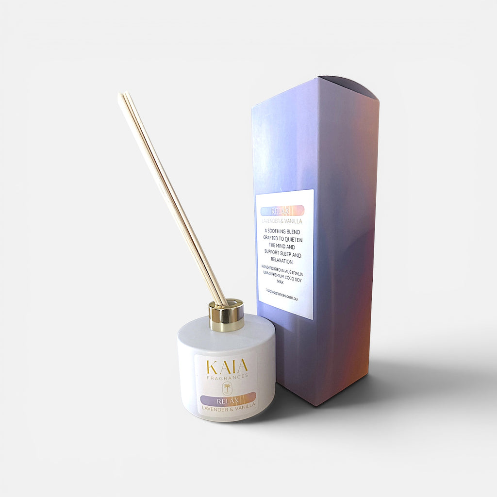 KAIA Relax White diffuser and packaging on a light gray background