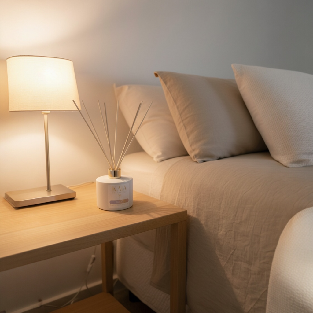 KAIA Relax Diffuser in Bedroom scene with a bed, nightstand, and lamp.