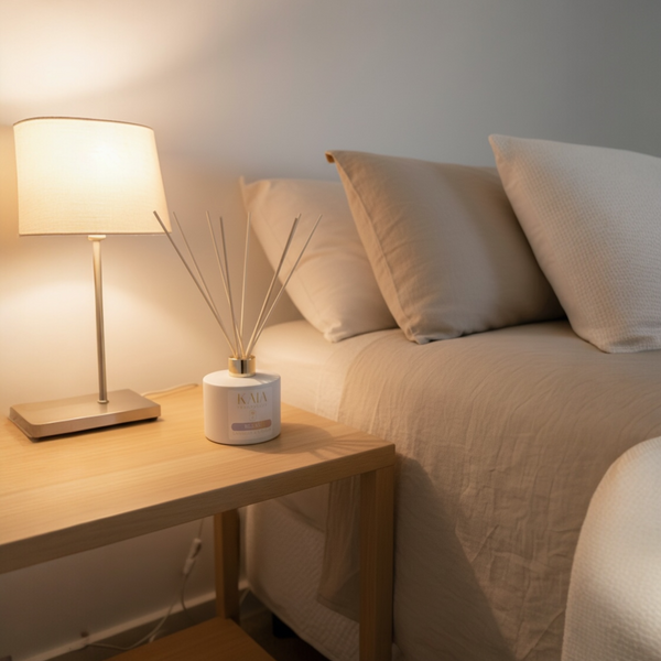 KAIA Relax Diffuser in Bedroom scene with a bed, nightstand, and lamp.