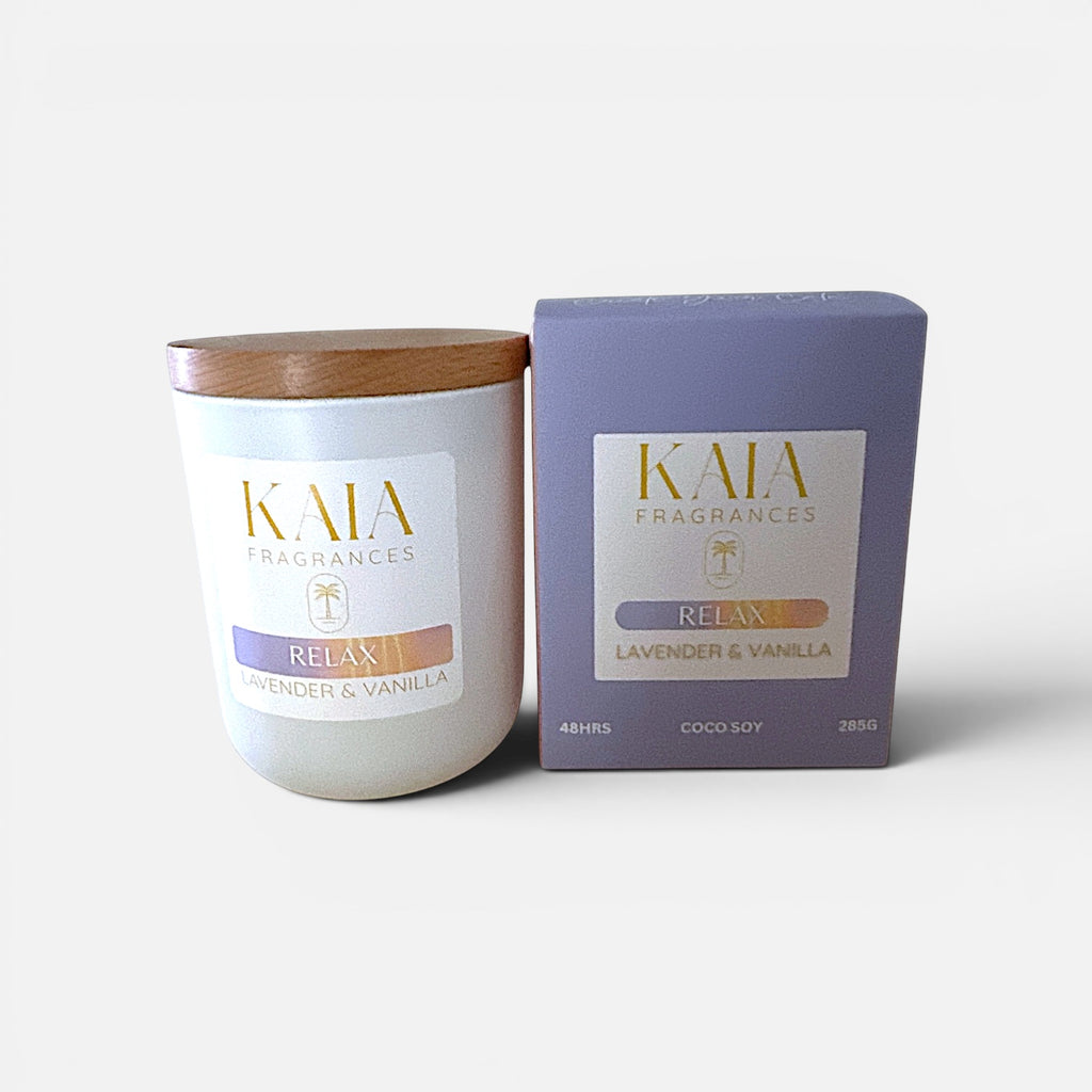 KAIA Fragrances candle and packaging on a white background
