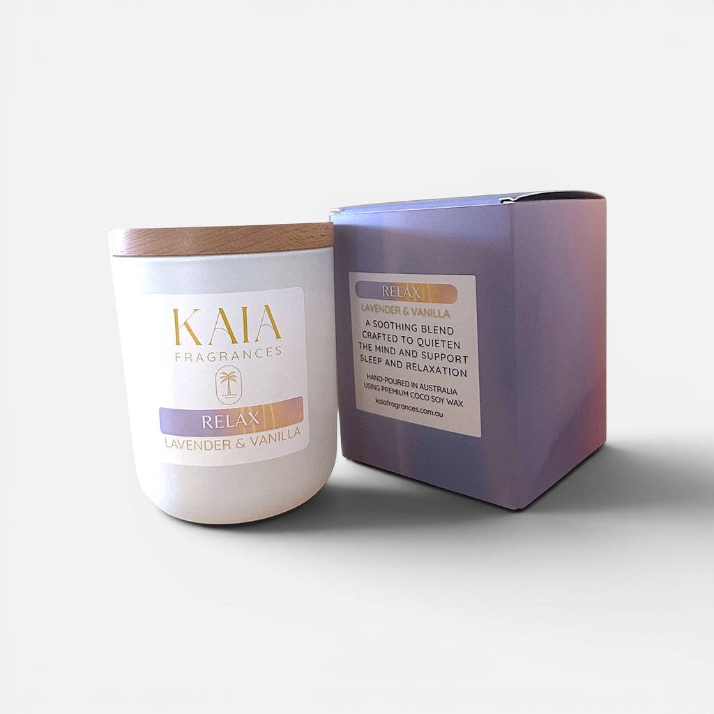 KAIA Fragrances candle and packaging on a white background
