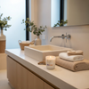Bathroom counter with sink, towels, and a KAIA candle in a softly lit room.