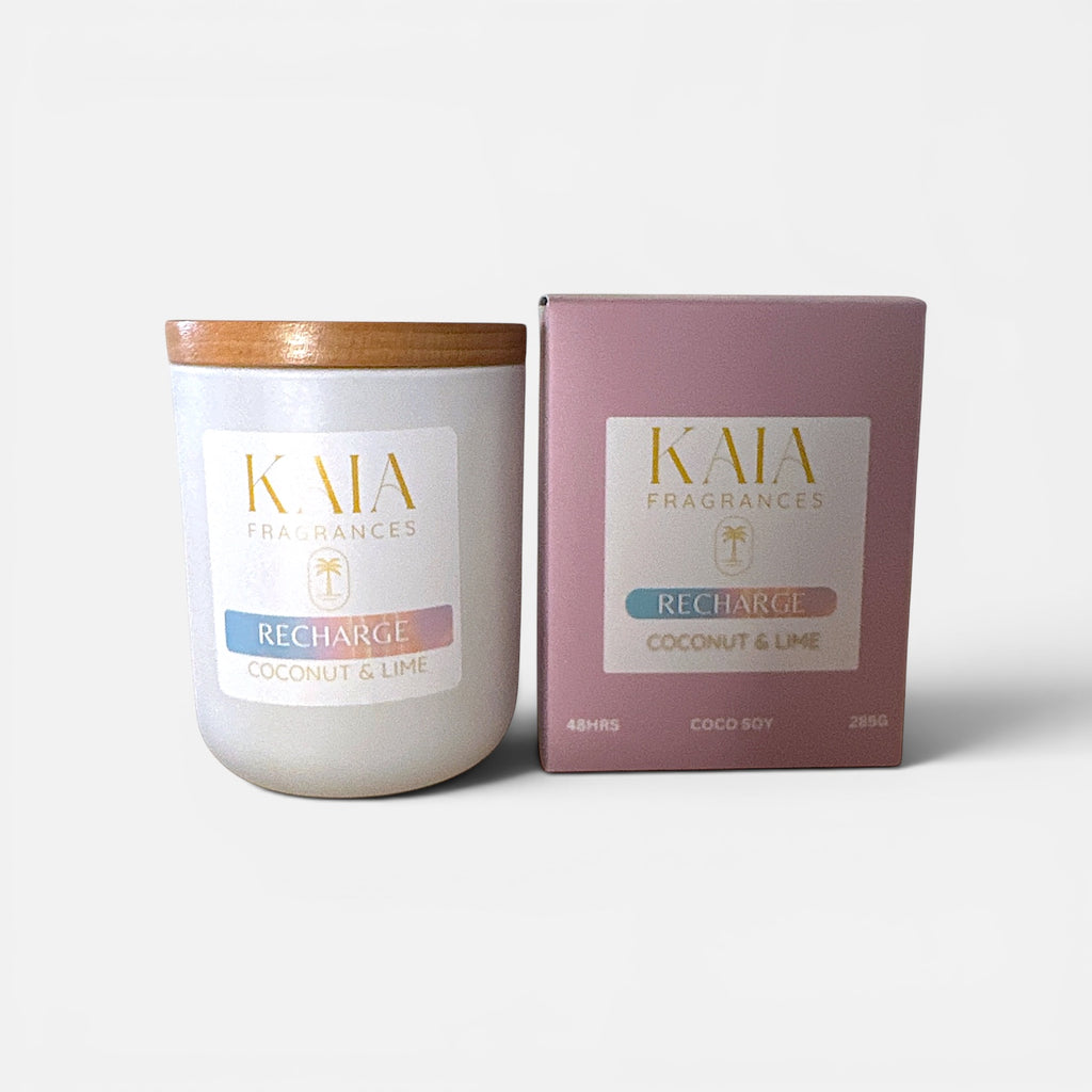 KAIA Fragrances candle and packaging on a white background