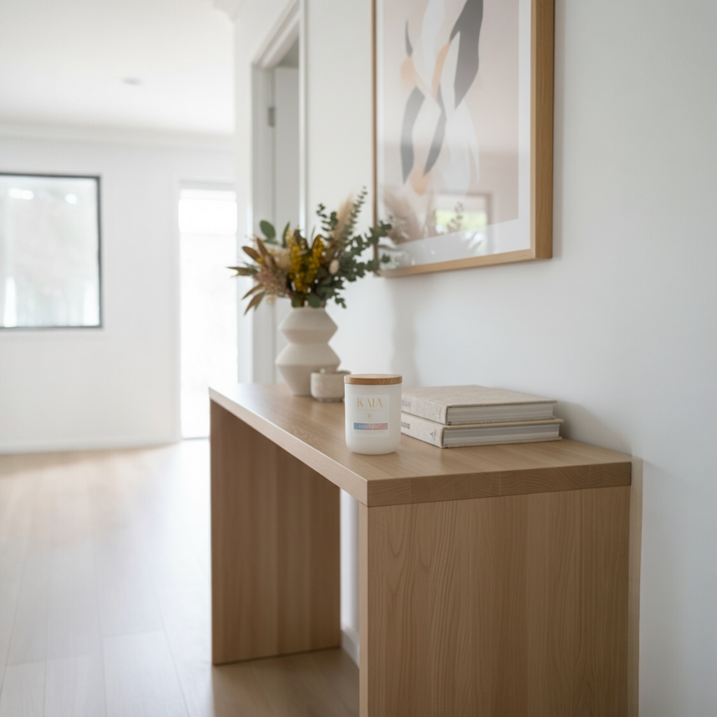 KAIA coco soy candle on Wooden console table with decor items in a modern interior setting