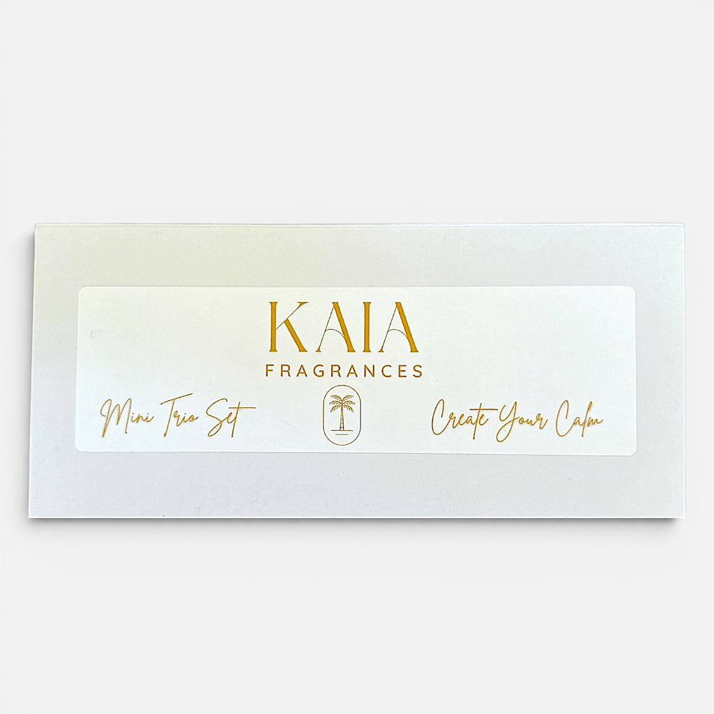 KAIA Fragrances mini trio set packaging on a white background