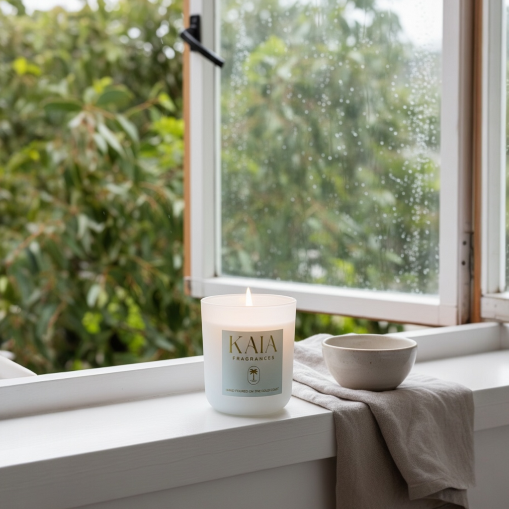 Candle with 'KAIA' branding on a windowsill with a view of greenery outside.