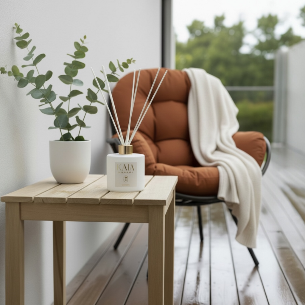KAIA Coastal Rain Diffuser with Brown chair with a white blanket next to a wooden side table with a plant and diffuser.