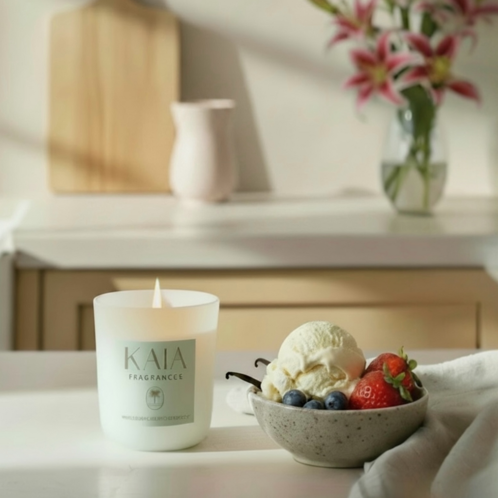 Candle with 'KAIA' branding next to a bowl of ice cream and fruit on a table.