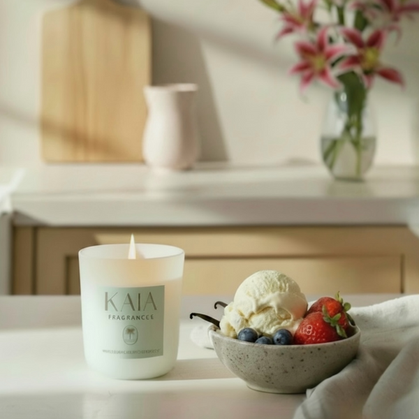 Candle with 'KAIA' branding next to a bowl of ice cream and fruit on a table.
