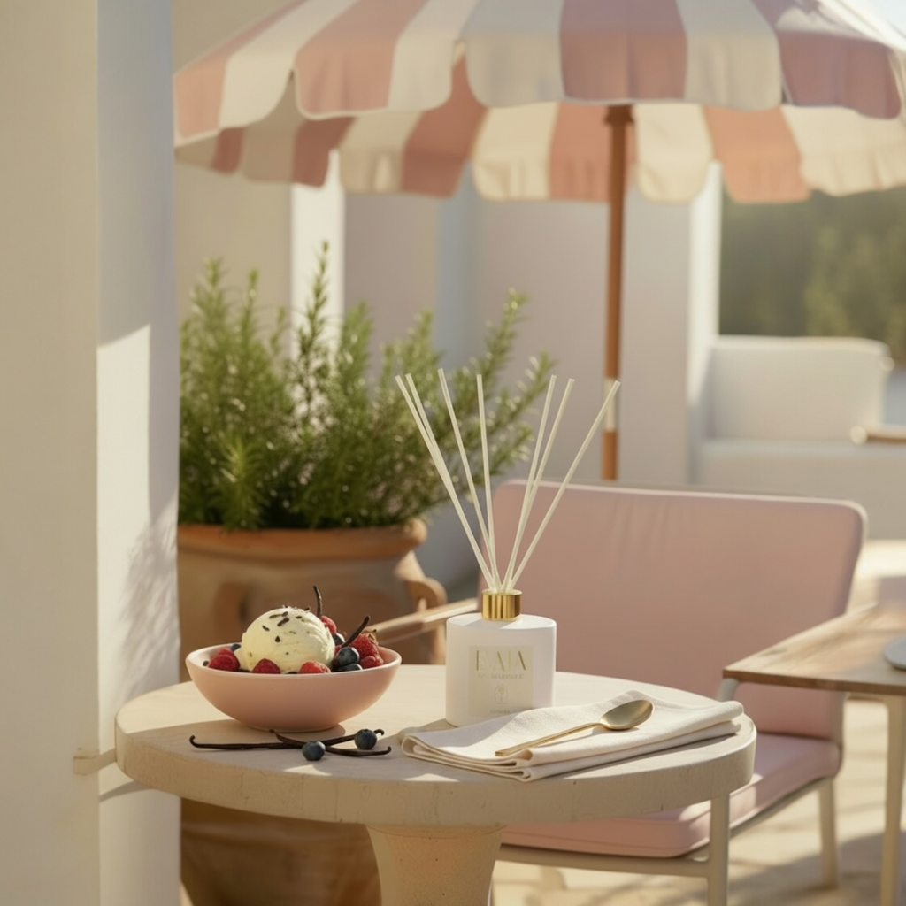 KAIA Reed Diffuser with Outdoor setting with a table, chair, and decorative items under a striped umbrella.
