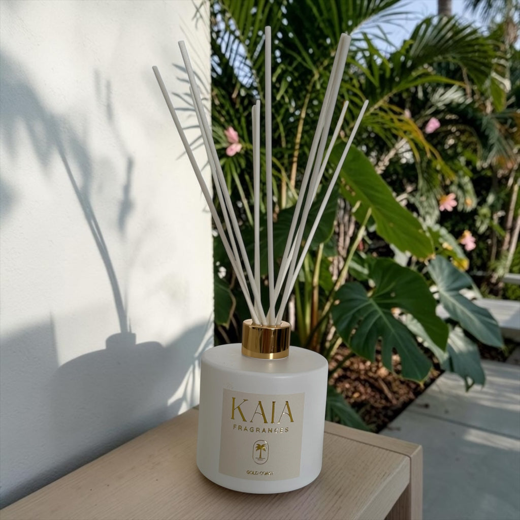 Reed diffuser with 'KAIA' branding on a surface with plants in the background