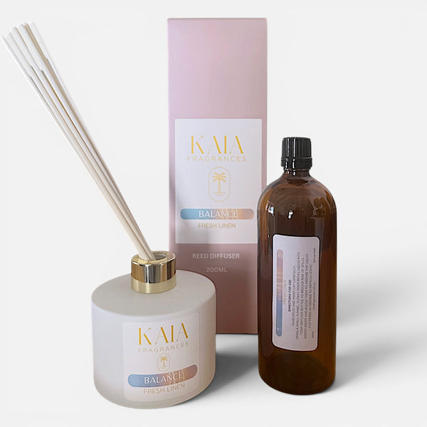 KAIA Reed Diffuser refill set with bottle and packaging on a white background