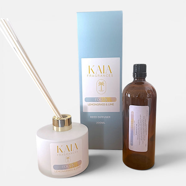 KAIA Fragrances diffuser refill set with bottle and packaging on a white background