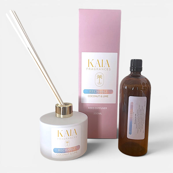 KAIA Fragrances reed diffuser set with packaging and refill bottle on a white background