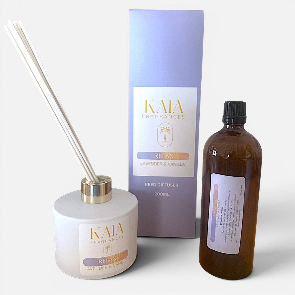 KAIA Fragrances reed diffuser, refill bottle, and packaging on a white background