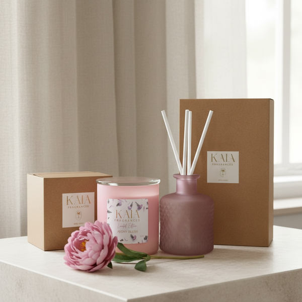 Pink Mother's Day candle and diffuser set with 'KAIA' branding on a neutral background